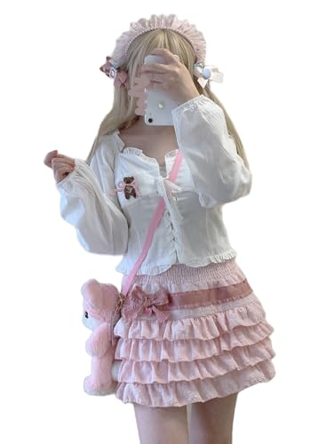 OATSBAS Elastische Taille Lolita Kuchen Mini Röcke für Frauen Mädchen Hohe Taille Faltenrock Y2K Layered Rock, Pink, Einheitsgröße von OATSBAS