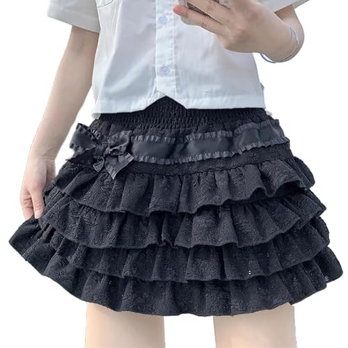 OATSBAS Elastische Taille Lolita Kuchen Mini Röcke für Frauen Mädchen Hohe Taille Faltenrock Y2K Layered Rock, Rockschwarz, Einheitsgröße von OATSBAS