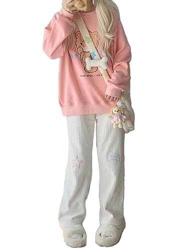 OATSBAS Nette Weiße Cordhose für Frauen Cartoon Stickerei Hohe Taille Harajuku Kawaii Wide Leg Hose Y2K Hosen, Weiß-Standard, S von OATSBAS