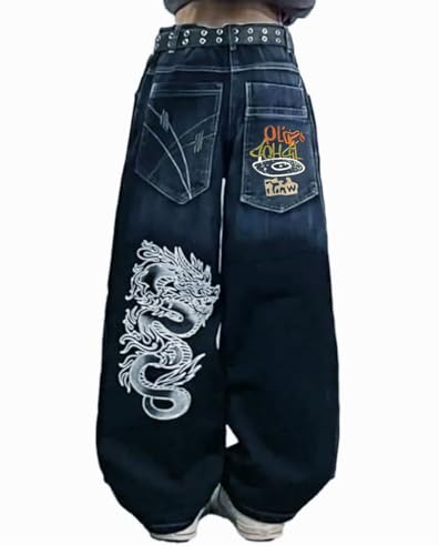 OATSBAS Unisex Y2K Hip-Hop Gothic Jeans Casual Baggy Oversize Streetwear Jeans Gragon Print Brief Grafik Retro Jeans, Blau, Groß von OATSBAS