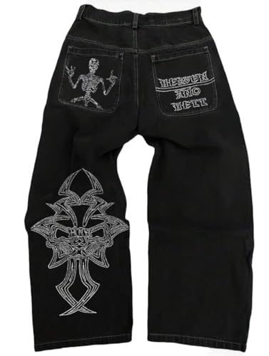 OATSBAS Y2K Beggy Jeans Herren Denim Hose Totenkopf Stickerei Gothic Jeans Straight Wide Leg Hose Hip Hop Streetwear, Schwarz-Weiß, Groß von OATSBAS