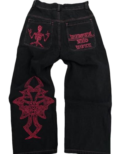 OATSBAS Y2K Beggy Jeans Herren Denim Hose Totenkopf Stickerei Gothic Jeans Straight Wide Leg Hose Hip Hop Streetwear, schwarz / rot, Klein von OATSBAS