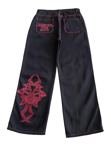 OATSBAS Y2K Beggy Jeans Herren Denim Hose Totenkopf Stickerei Gothic Jeans Straight Wide Leg Hose Hip Hop Streetwear, schwarz / rot, Mittel von OATSBAS