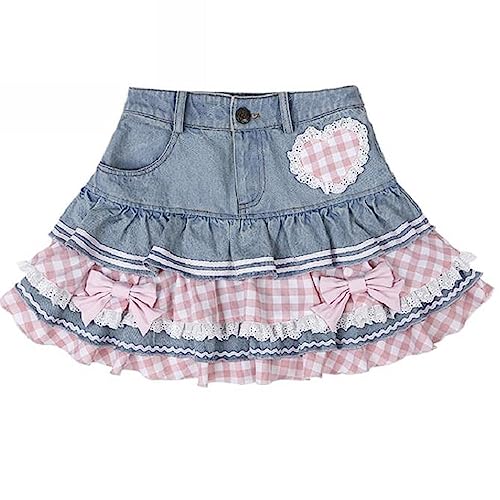 Preppy Lolita Kawaii Röcke Süße Mini Frauen Nette Ballkleid Denim Rock Y2K Hohe Taille Spitze Kuchen Röcke, Blau, Klein von OATSBAS