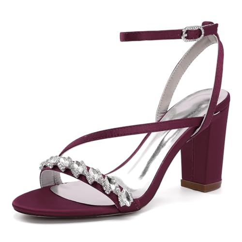 OAUSZC Blockabsatz Brautsandalen Für Damen Satin Knöchelriemen Strass Offene Zehen Party Abend Hochzeit Schuhe 2022–50M,Burgundy,38 EU von OAUSZC