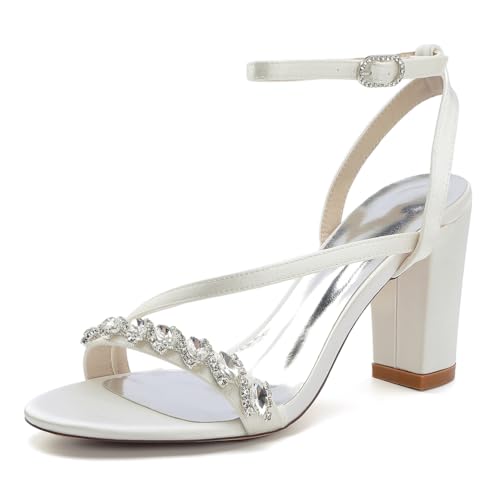 OAUSZC Blockabsatz Brautsandalen Für Damen Satin Knöchelriemen Strass Offene Zehen Party Abend Hochzeit Schuhe 2022–50M,Elfenbein,43 EU von OAUSZC