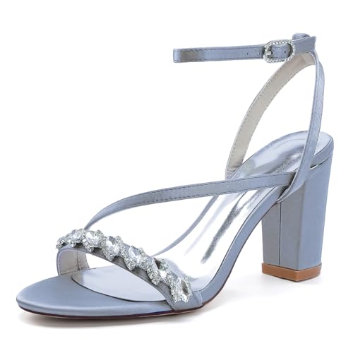 OAUSZC Blockabsatz Brautsandalen Für Damen Satin Knöchelriemen Strass Offene Zehen Party Abend Hochzeit Schuhe 2022–50M,Silber,38 EU von OAUSZC