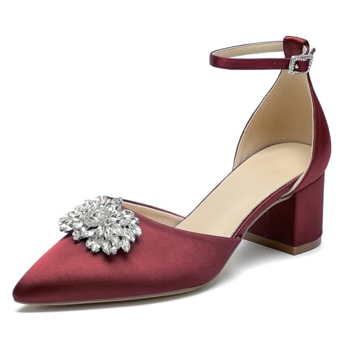 OAUSZC Blockabsatz Brautschuhe Damen Spitze Zehen Satin Riemchenpumps Abend Hochzeitsschuhe Mit Strass,Burgundy,36 EU von OAUSZC