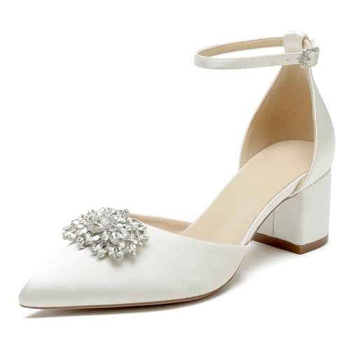 OAUSZC Blockabsatz Brautschuhe Damen Spitze Zehen Satin Riemchenpumps Abend Hochzeitsschuhe Mit Strass,Elfenbein,41 EU von OAUSZC