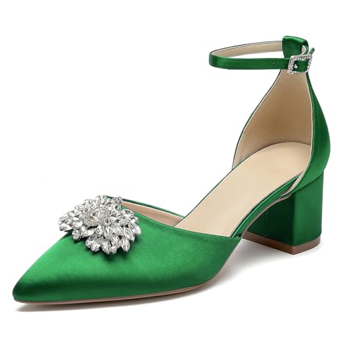 OAUSZC Blockabsatz Brautschuhe Damen Spitze Zehen Satin Riemchenpumps Abend Hochzeitsschuhe Mit Strass,Grün,40 EU von OAUSZC