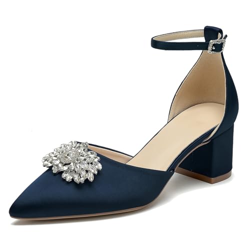 OAUSZC Blockabsatz Brautschuhe Damen Spitze Zehen Satin Riemchenpumps Abend Hochzeitsschuhe Mit Strass,Marine,37 EU von OAUSZC