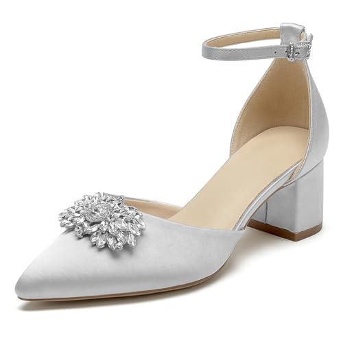 OAUSZC Blockabsatz Brautschuhe Damen Spitze Zehen Satin Riemchenpumps Abend Hochzeitsschuhe Mit Strass,Silber,43 EU von OAUSZC