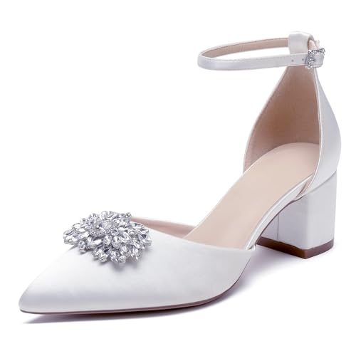 OAUSZC Blockabsatz Brautschuhe Damen Spitze Zehen Satin Riemchenpumps Abend Hochzeitsschuhe Mit Strass,Weiß,43 EU von OAUSZC