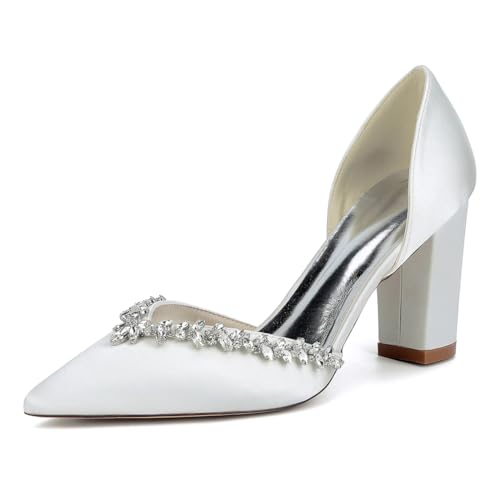 OAUSZC Blockabsatz Brautschuhe Pumps Damen Satin Strass Spitze Zehen Hochzeitsschuhe Partyschuhe 22014-17YK,Elfenbein,41 EU von OAUSZC