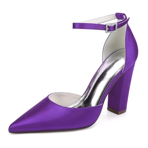 OAUSZC Blockabsatz Hochzeitsschuhe Damen Satin Knöchelriemen Geschlossene Zehen Pumps Party Brautschuhe,Lila,42 EU von OAUSZC