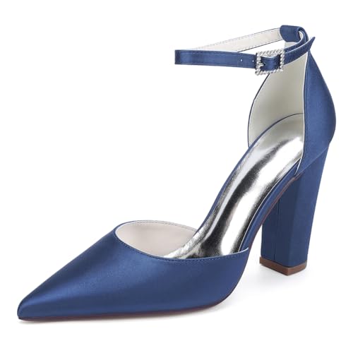 OAUSZC Blockabsatz Hochzeitsschuhe Damen Satin Knöchelriemen Geschlossene Zehen Pumps Party Brautschuhe,Marine,37 EU von OAUSZC