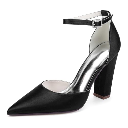 OAUSZC Blockabsatz Hochzeitsschuhe Damen Satin Knöchelriemen Geschlossene Zehen Pumps Party Brautschuhe,Schwarz,36 EU von OAUSZC