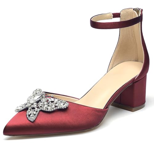 OAUSZC Blockabsatz Hochzeitsschuhe Damen Spitze Zehen Satin Strass Knöchelriemen Brautschuhe Abendschuhe,Burgundy,40 EU von OAUSZC