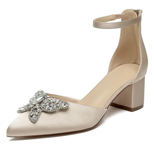 OAUSZC Blockabsatz Hochzeitsschuhe Damen Spitze Zehen Satin Strass Knöchelriemen Brautschuhe Abendschuhe,Champagne,41 EU von OAUSZC
