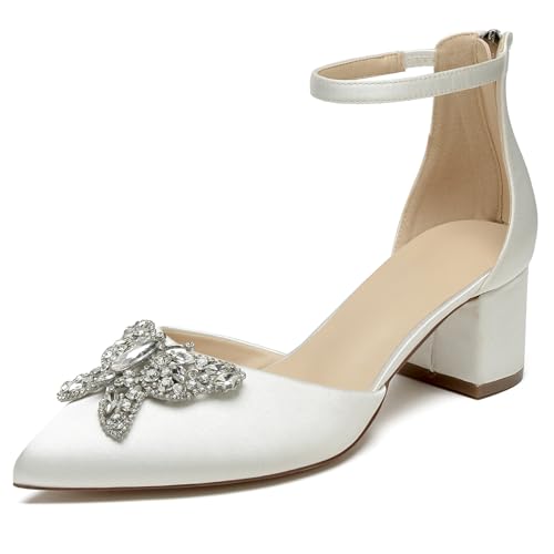 OAUSZC Blockabsatz Hochzeitsschuhe Damen Spitze Zehen Satin Strass Knöchelriemen Brautschuhe Abendschuhe,Elfenbein,40 EU von OAUSZC