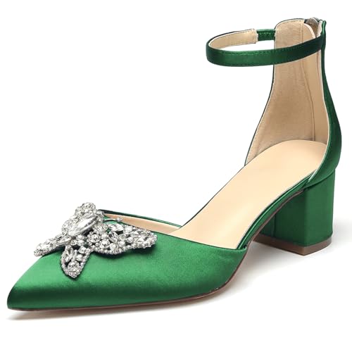 OAUSZC Blockabsatz Hochzeitsschuhe Damen Spitze Zehen Satin Strass Knöchelriemen Brautschuhe Abendschuhe,Grün,40 EU von OAUSZC