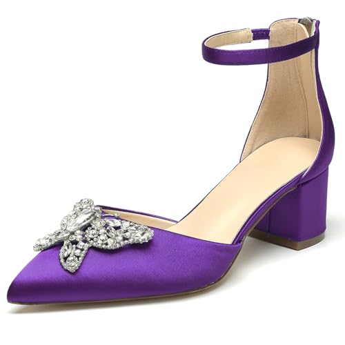OAUSZC Blockabsatz Hochzeitsschuhe Damen Spitze Zehen Satin Strass Knöchelriemen Brautschuhe Abendschuhe,Lila,40 EU von OAUSZC