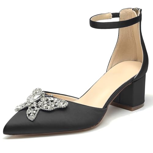 OAUSZC Blockabsatz Hochzeitsschuhe Damen Spitze Zehen Satin Strass Knöchelriemen Brautschuhe Abendschuhe,Schwarz,39 EU von OAUSZC
