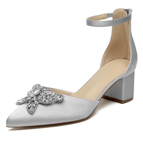 OAUSZC Blockabsatz Hochzeitsschuhe Damen Spitze Zehen Satin Strass Knöchelriemen Brautschuhe Abendschuhe,Silber,37 EU von OAUSZC