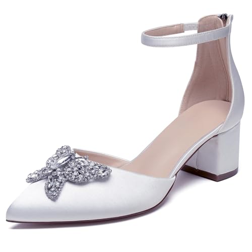 OAUSZC Blockabsatz Hochzeitsschuhe Damen Spitze Zehen Satin Strass Knöchelriemen Brautschuhe Abendschuhe,Weiß,40 EU von OAUSZC