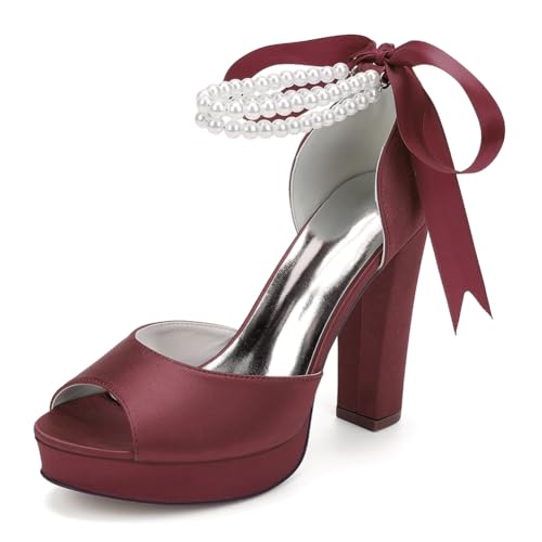 OAUSZC Blockabsatz Plateau Brautschuhe Sandalen Damen Perlen Riemen Satin Peep Toe Hochzeit Abendschuhe 6118-01S,Burgundy,40 EU von OAUSZC