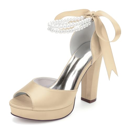 OAUSZC Blockabsatz Plateau Brautschuhe Sandalen Damen Perlen Riemen Satin Peep Toe Hochzeit Abendschuhe 6118-01S,Champagne,40 EU von OAUSZC