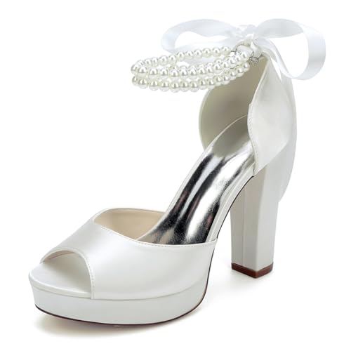 OAUSZC Blockabsatz Plateau Brautschuhe Sandalen Damen Perlen Riemen Satin Peep Toe Hochzeit Abendschuhe 6118-01S,Elfenbein,41 EU von OAUSZC