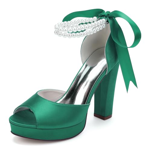 OAUSZC Blockabsatz Plateau Brautschuhe Sandalen Damen Perlen Riemen Satin Peep Toe Hochzeit Abendschuhe 6118-01S,Grün,39 EU von OAUSZC
