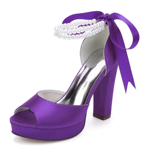 OAUSZC Blockabsatz Plateau Brautschuhe Sandalen Damen Perlen Riemen Satin Peep Toe Hochzeit Abendschuhe 6118-01S,Lila,41 EU von OAUSZC