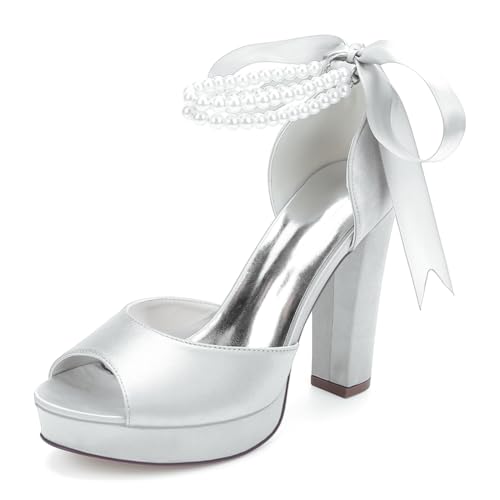 OAUSZC Blockabsatz Plateau Brautschuhe Sandalen Damen Perlen Riemen Satin Peep Toe Hochzeit Abendschuhe 6118-01S,Silber,42 EU von OAUSZC