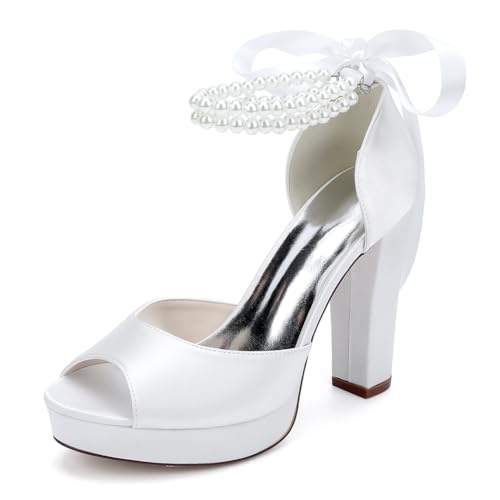 OAUSZC Blockabsatz Plateau Brautschuhe Sandalen Damen Perlen Riemen Satin Peep Toe Hochzeit Abendschuhe 6118-01S,Weiß,40 EU von OAUSZC