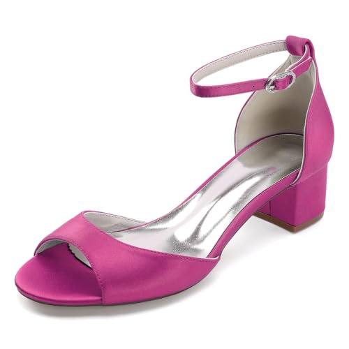 OAUSZC Blockabsatz Riemen Sandalen Hochzeits Damen Satin Peep Toe Brautschuhe 13091-9,Fuchsia,36 EU von OAUSZC
