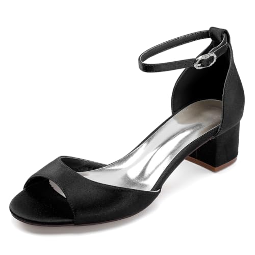 OAUSZC Blockabsatz Riemen Sandalen Hochzeits Damen Satin Peep Toe Brautschuhe 13091-9,Schwarz,39 EU von OAUSZC