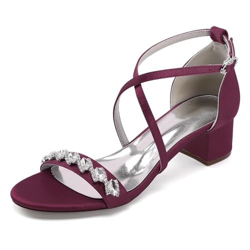 OAUSZC Brautsandalen Niedrigem Blockabsatz Damen Strass Satin Riemchen Offener Zehen Party Abend Hochzeitsschuhe,Burgundy,36 EU von OAUSZC