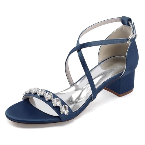 OAUSZC Brautsandalen Niedrigem Blockabsatz Damen Strass Satin Riemchen Offener Zehen Party Abend Hochzeitsschuhe,Marine,42 EU von OAUSZC
