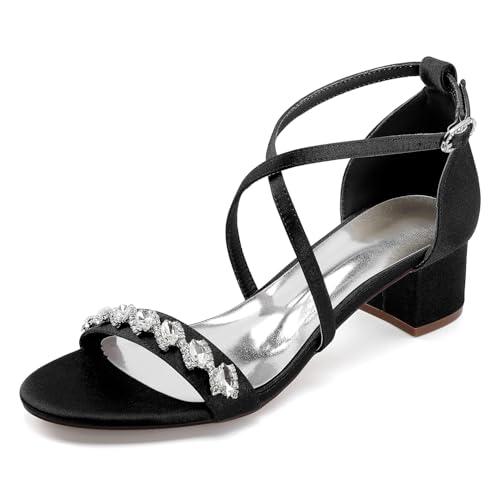 OAUSZC Brautsandalen Niedrigem Blockabsatz Damen Strass Satin Riemchen Offener Zehen Party Abend Hochzeitsschuhe,Schwarz,43 EU von OAUSZC