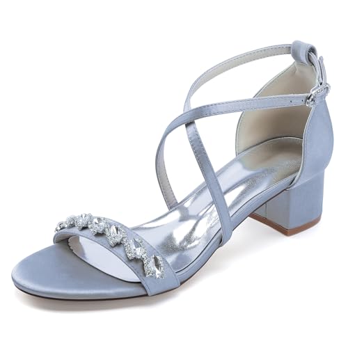 OAUSZC Brautsandalen Niedrigem Blockabsatz Damen Strass Satin Riemchen Offener Zehen Party Abend Hochzeitsschuhe,Silber,41 EU von OAUSZC