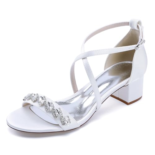 OAUSZC Brautsandalen Niedrigem Blockabsatz Damen Strass Satin Riemchen Offener Zehen Party Abend Hochzeitsschuhe,Weiß,41 EU von OAUSZC