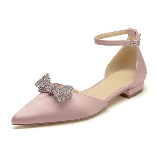 OAUSZC Brautschuhe Ballerinas Satin Damen Knöchelriemen Strass Schleifen Geschlossene Zehen Flache Party Hochzeitsschuhe,Blush,42 EU von OAUSZC