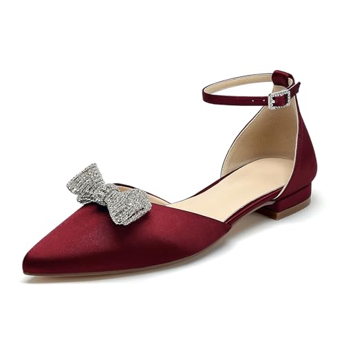 OAUSZC Brautschuhe Ballerinas Satin Damen Knöchelriemen Strass Schleifen Geschlossene Zehen Flache Party Hochzeitsschuhe,Burgundy,42 EU von OAUSZC