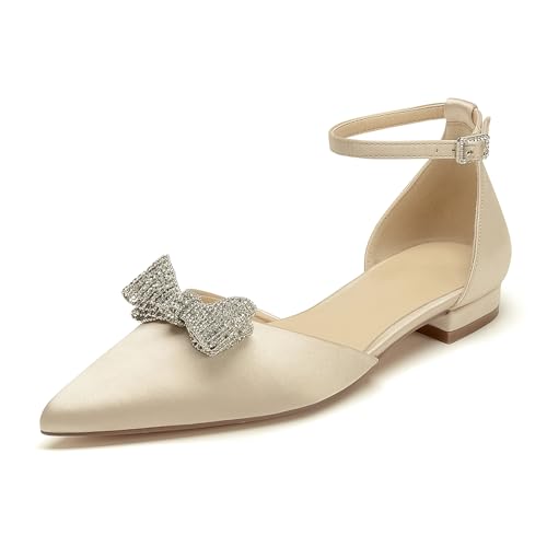 OAUSZC Brautschuhe Ballerinas Satin Damen Knöchelriemen Strass Schleifen Geschlossene Zehen Flache Party Hochzeitsschuhe,Champagne,37 EU von OAUSZC