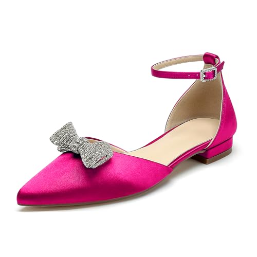 OAUSZC Brautschuhe Ballerinas Satin Damen Knöchelriemen Strass Schleifen Geschlossene Zehen Flache Party Hochzeitsschuhe,Fuchsia,42 EU von OAUSZC