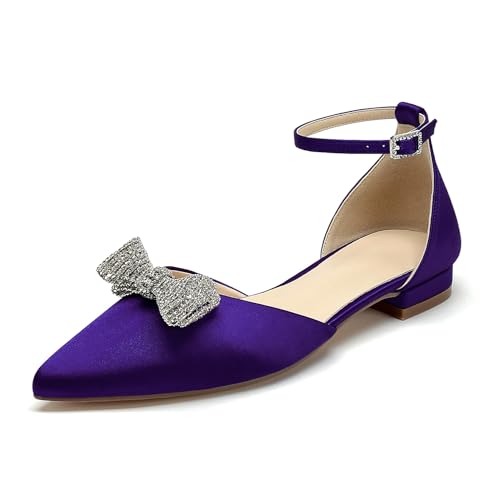 OAUSZC Brautschuhe Ballerinas Satin Damen Knöchelriemen Strass Schleifen Geschlossene Zehen Flache Party Hochzeitsschuhe,Lila,36 EU von OAUSZC