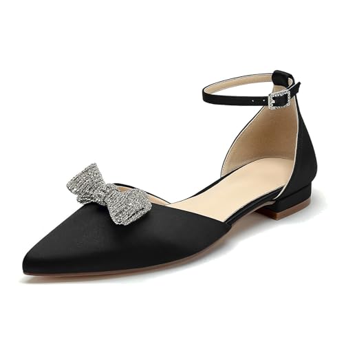 OAUSZC Brautschuhe Ballerinas Satin Damen Knöchelriemen Strass Schleifen Geschlossene Zehen Flache Party Hochzeitsschuhe,Schwarz,39 EU von OAUSZC