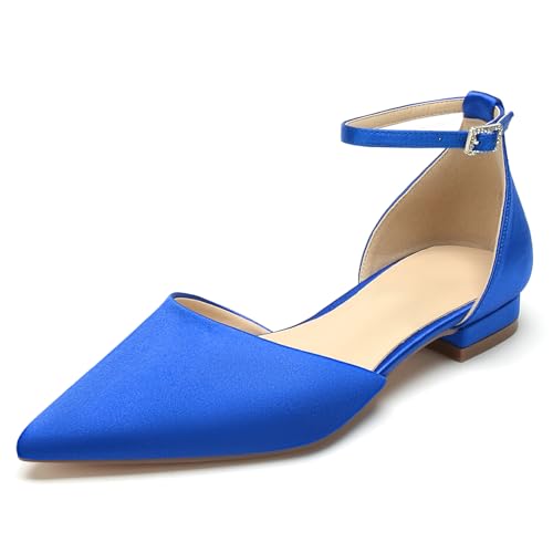 OAUSZC Brautschuhe Flache Ballerinas Damen Satin Spitze Zehen Riemen Hochzeitsschuhe,Blau,42 EU von OAUSZC